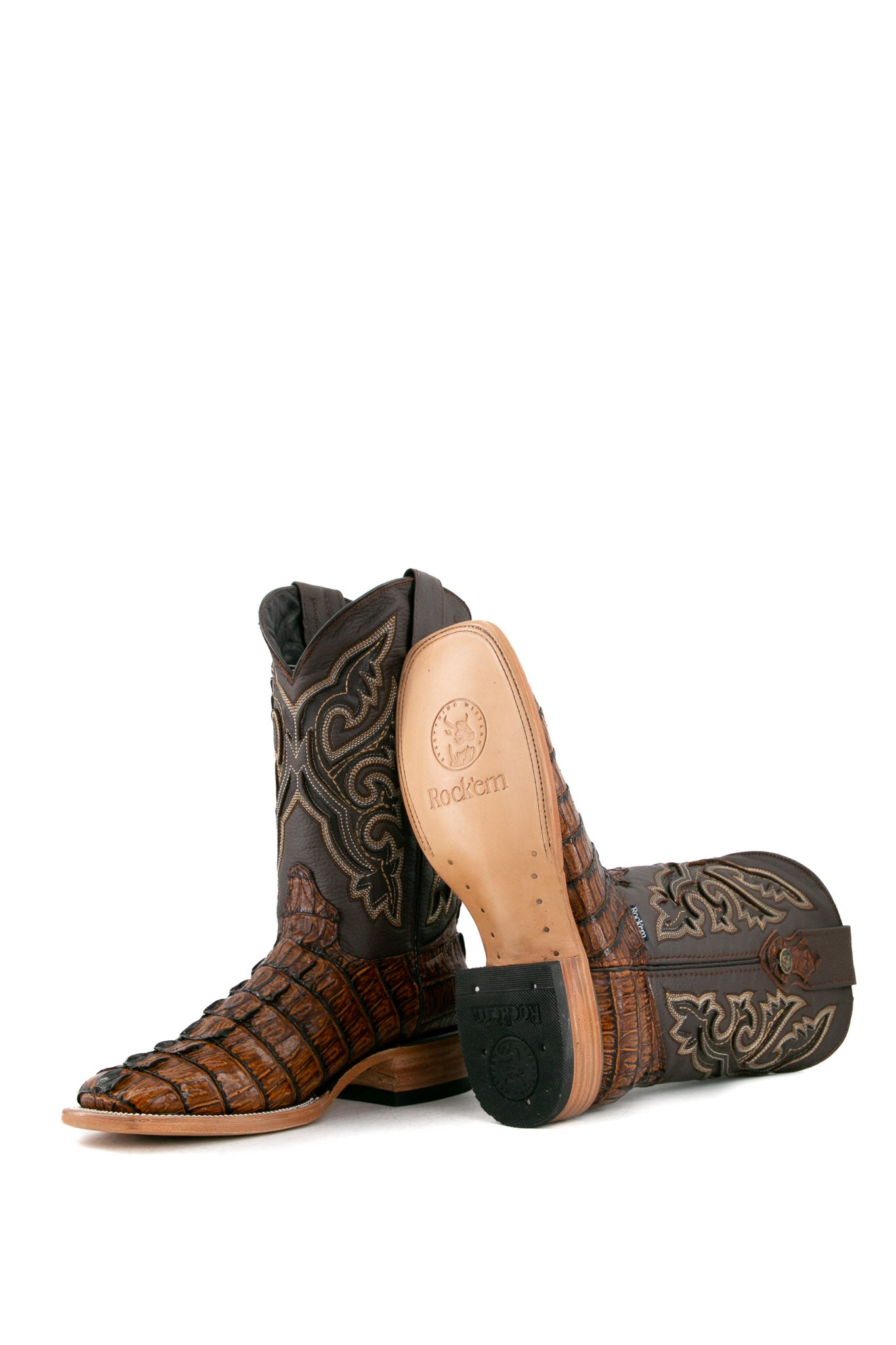 View of the honey Caiman Tail cowboy boots are genuine leather, featuring a square toe, honey caiman print vamp, brown embroidery shaft, tan leather sole and rubber heel.