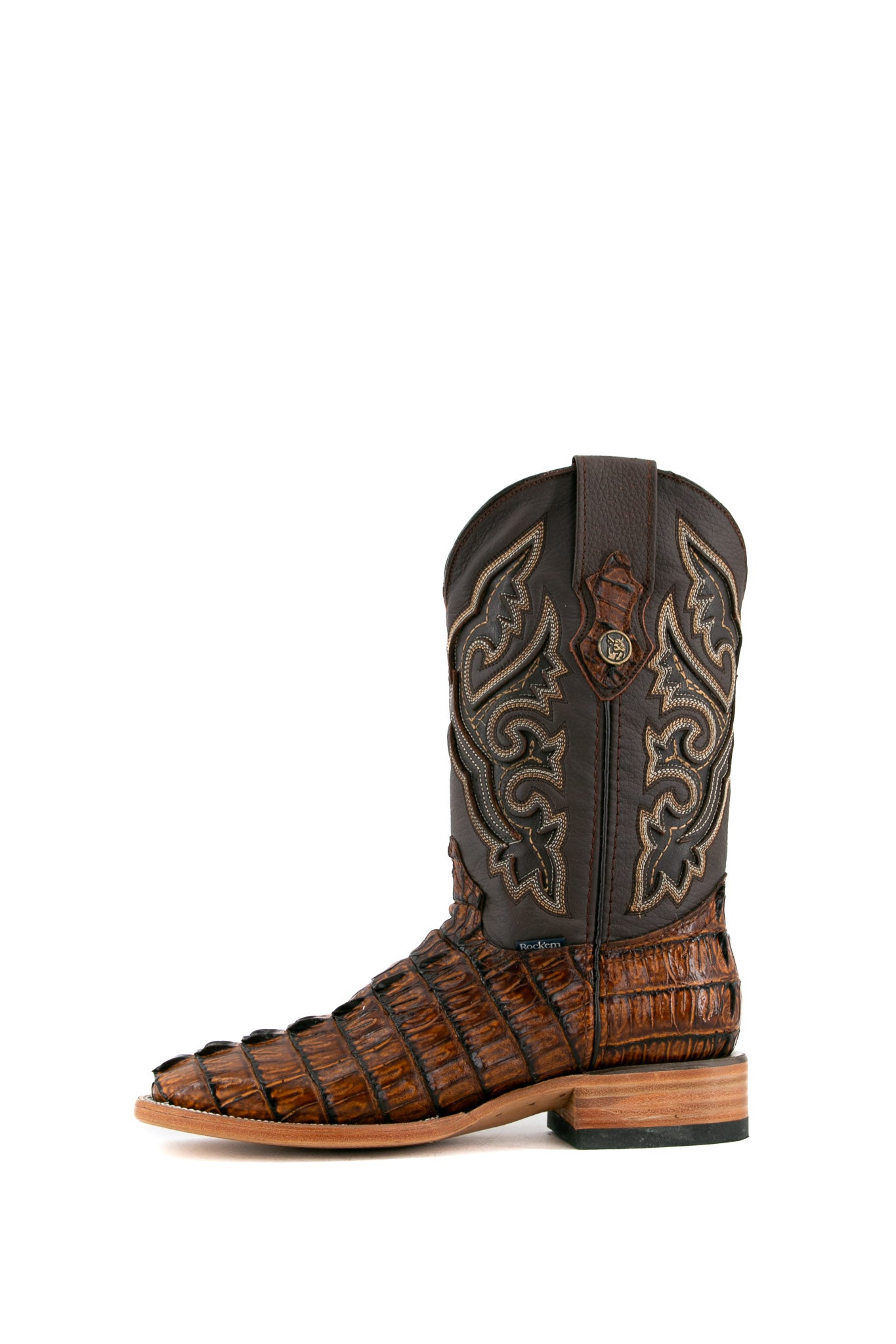 Side view of the honey Caiman Tail cowboy boots are genuine leather, featuring a square toe, honey caiman print vamp, brown embroidery shaft, rubber heel.