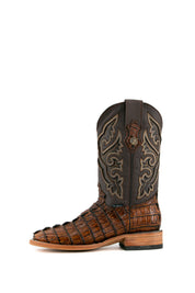 Side view of the honey Caiman Tail cowboy boots are genuine leather, featuring a square toe, honey caiman print vamp, brown embroidery shaft, rubber heel.