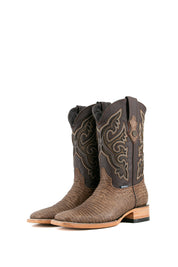The Lizard Matte cowboy boots feature a square toe, tan lizard print vamp, smooth brown leather shaft with intricate stitching, rubber heel, and Rock'em bull emblem.