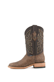 The Lizard Matte cowboy boots feature a square toe, tan lizard print vamp, smooth brown leather shaft with intricate stitching, rubber heel, and Rock'em bull emblem.