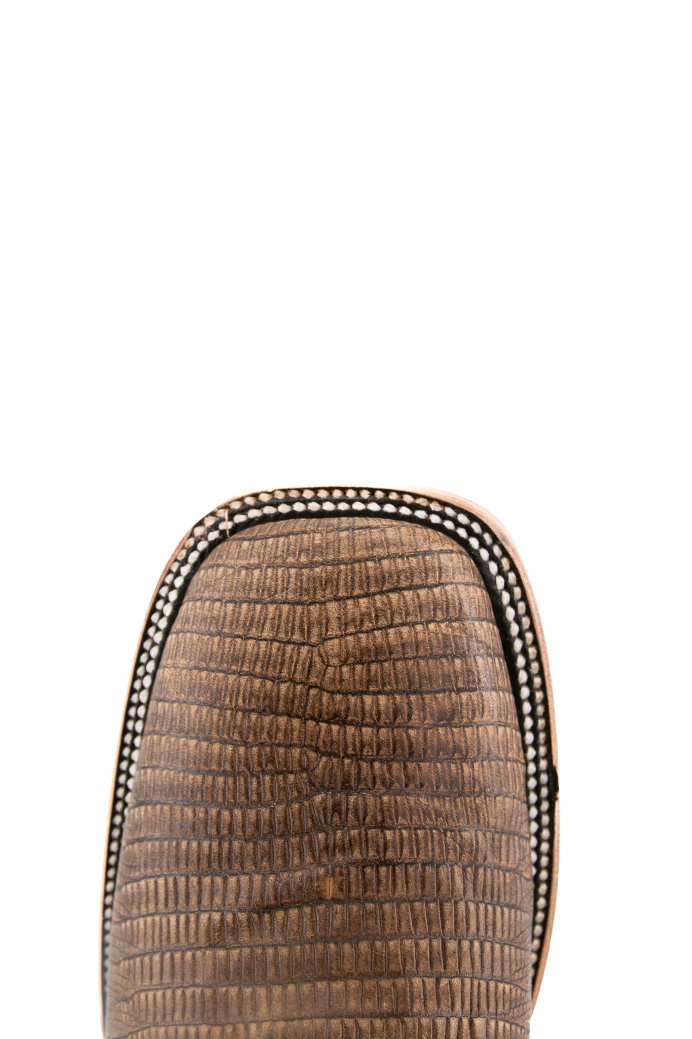 The Lizard Matte cowboy boots feature a square toe, tan lizard print vamp, smooth brown leather shaft with intricate stitching, rubber heel, and Rock'em bull emblem.