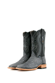 The Lizard Matte cowboy boots feature a square toe, black safari lizard print vamp, smooth black leather shaft with intricate stitching, rubber heel, and Rock'em bull emblem.