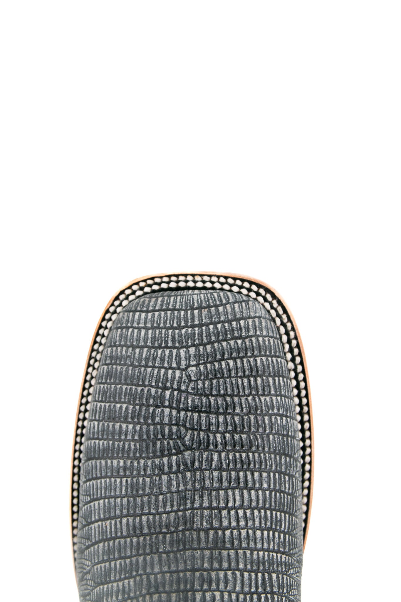 The Lizard Matte cowboy boots feature a square toe, black safari lizard print vamp, smooth black leather shaft with intricate stitching, rubber heel, and Rock'em bull emblem.