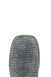 The Lizard Matte cowboy boots feature a square toe, black safari lizard print vamp, smooth black leather shaft with intricate stitching, rubber heel, and Rock'em bull emblem.