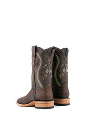 The Lizard Matte cowboy boots feature a square toe, brown lizard print vamp, smooth brown leather shaft with intricate stitching, rubber heel, and Rock'em bull emblem.
