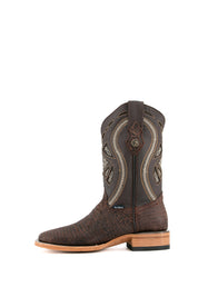 The Lizard Matte cowboy boots feature a square toe, brown lizard print vamp, smooth brown leather shaft with intricate stitching, rubber heel, and Rock'em bull emblem.