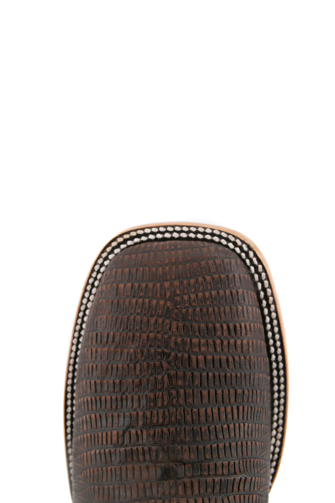 The Lizard Matte cowboy boots feature a square toe, brown lizard print vamp, smooth brown leather shaft with intricate stitching, rubber heel, and Rock'em bull emblem.