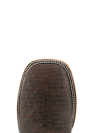 The Lizard Matte cowboy boots feature a square toe, brown lizard print vamp, smooth brown leather shaft with intricate stitching, rubber heel, and Rock'em bull emblem.