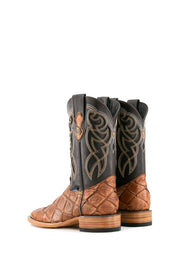 Back view of amber Big Bass Pirarucu cowboy boots in genuine leather, featuring a square toe, tan pirarucu print vamp, brown shaft with white embroidery, and rubber heel.