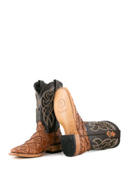 View of amber Big Bass Pirarucu cowboy boots in genuine leather, featuring a square toe, tan pirarucu print vamp, brown shaft with white embroidery, and rubber heel.
