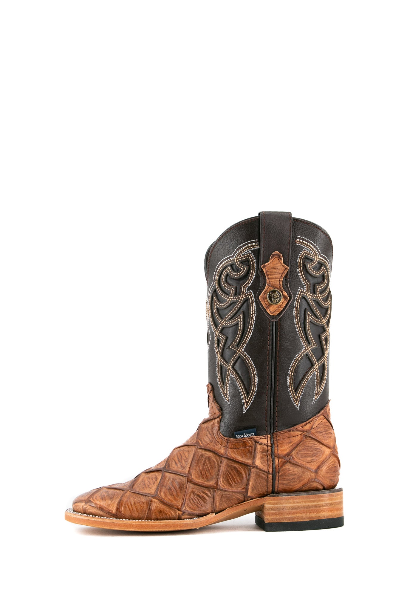 Side view of amber Big Bass Pirarucu cowboy boots in genuine leather, featuring a square toe, tan pirarucu print vamp, brown shaft with white embroidery, and rubber heel.