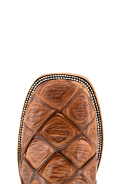 Top-down close-up of amber  Big Bass Pirarucu cowboy boot vamp, showcasing the tan and pirarucu print detail and square toe.