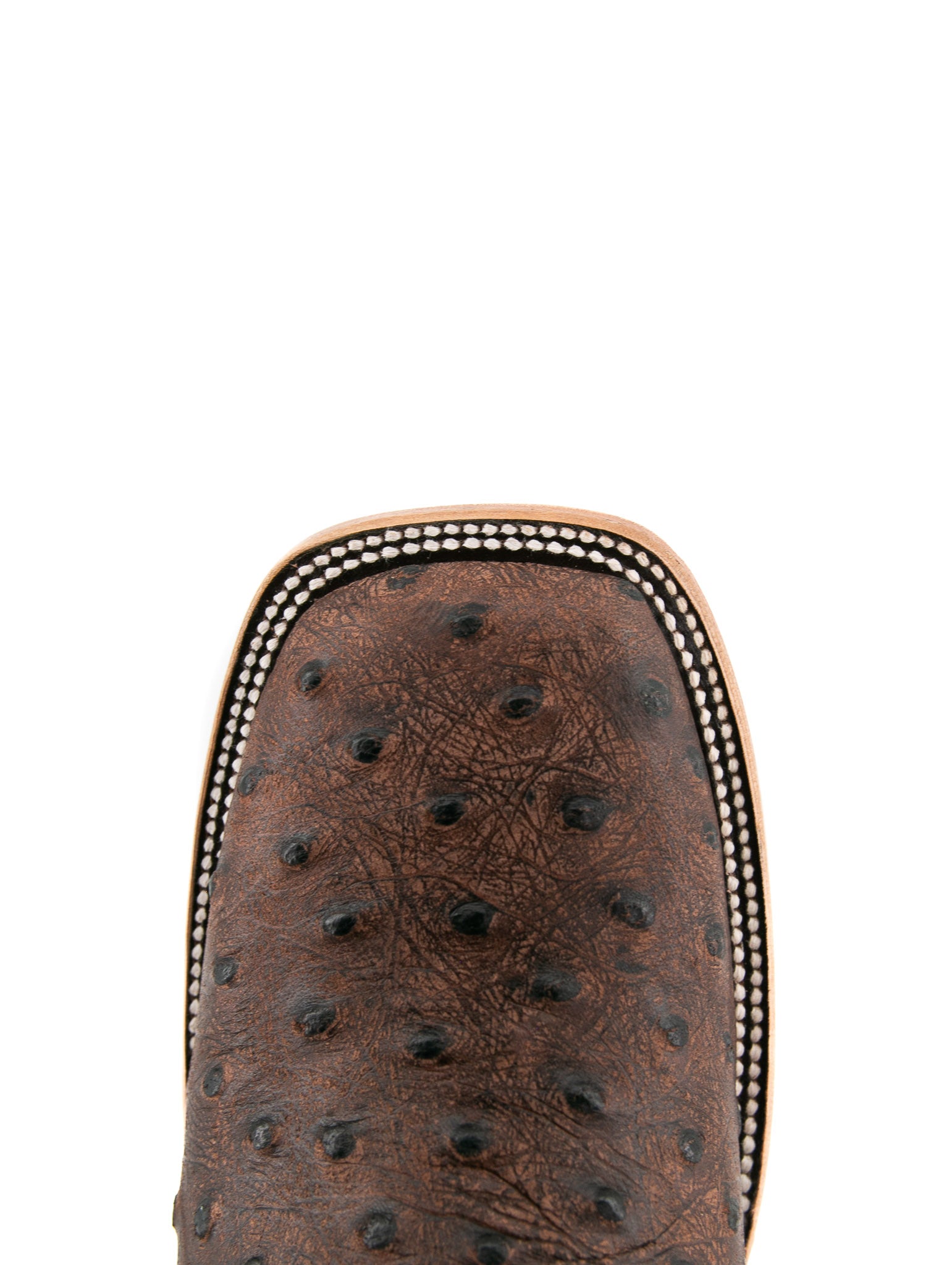 Top-down close-up of the Rustic Brown Ostrich Matte cowboy boot vamp showing the ostrich print detail and square toe.