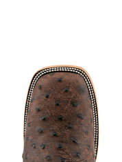 Top-down close-up of the Rustic Brown Ostrich Matte cowboy boot vamp showing the ostrich print detail and square toe.