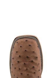 Top-down close-up of the Rustic Honey Ostrich Matte cowboy boot vamp showing the ostrich print detail and square toe.