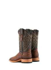 Back view of the Ostrich Matte Rustic boots in Rustic Shedron with a square toe, ostrich quill texture, brown leather shaft with brown embroidery, and stacked heel