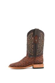 Side view of the Ostrich Matte Rustic boots in Rustic Shedron with a square toe, ostrich quill texture, brown leather shaft with brown embroidery, and stacked heel.