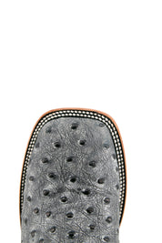Top-down close-up of the black safari Ostrich Matte cowboy boot vamp showing the ostrich print detail and square toe.