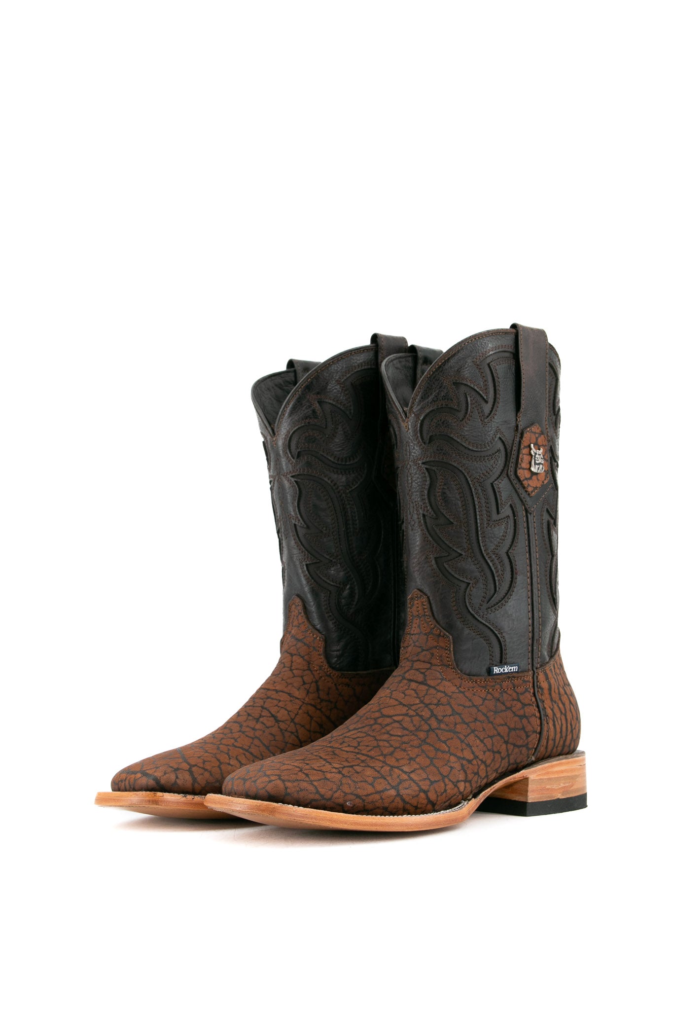 Rock'em Bull Neck cowboy boots, made in Mexico from genuine leather, feature a square toe, brown bull neck vamp, black shaft with Western embroidery, and wooden heel.