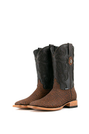 Rock'em Bull Neck cowboy boots, made in Mexico from genuine leather, feature a square toe, brown bull neck vamp, black shaft with Western embroidery, and wooden heel.