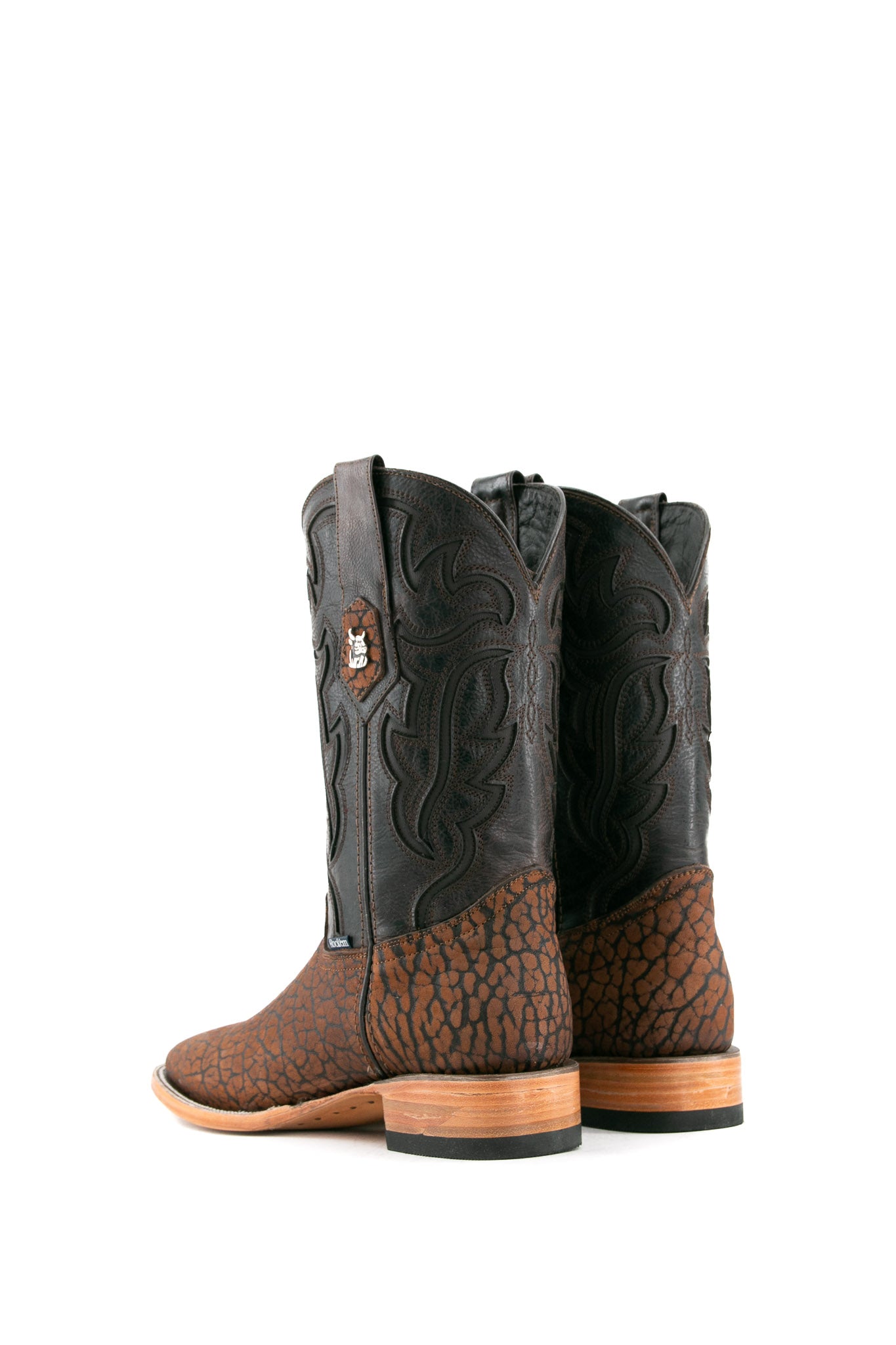 Rock'em Bull Neck cowboy boots, made in Mexico from genuine leather, feature a square toe, brown bull neck vamp, black shaft with Western embroidery, and wooden heel.