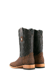 Rock'em Bull Neck cowboy boots, made in Mexico from genuine leather, feature a square toe, brown bull neck vamp, black shaft with Western embroidery, and wooden heel.