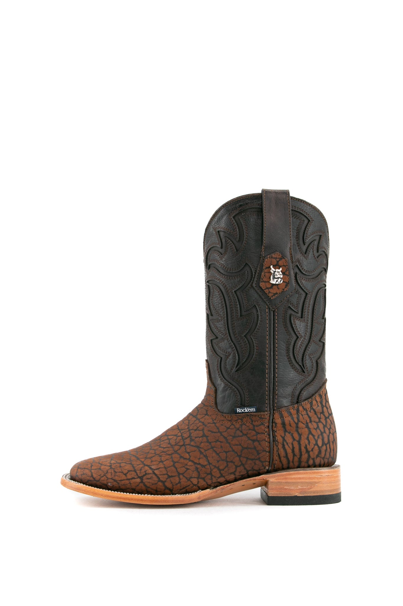 Rock'em Bull Neck cowboy boots, made in Mexico from genuine leather, feature a square toe, brown bull neck vamp, black shaft with Western embroidery, and wooden heel.