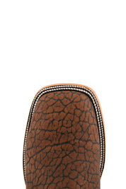 Rock'em Bull Neck cowboy boots, made in Mexico from genuine leather, feature a square toe, brown bull neck vamp, black shaft with Western embroidery, and wooden heel.