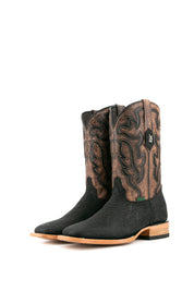 Rock'em Bull Neck cowboy boots, made in Mexico from genuine leather, feature a square toe, black bull neck vamp, brown shaft with black Western embroidery, and wooden heel.