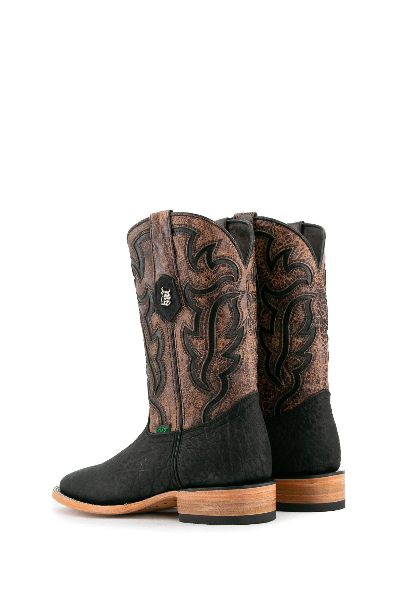 Rock'em Bull Neck cowboy boots, made in Mexico from genuine leather, feature a square toe, black bull neck vamp, brown shaft with black Western embroidery, and wooden heel.