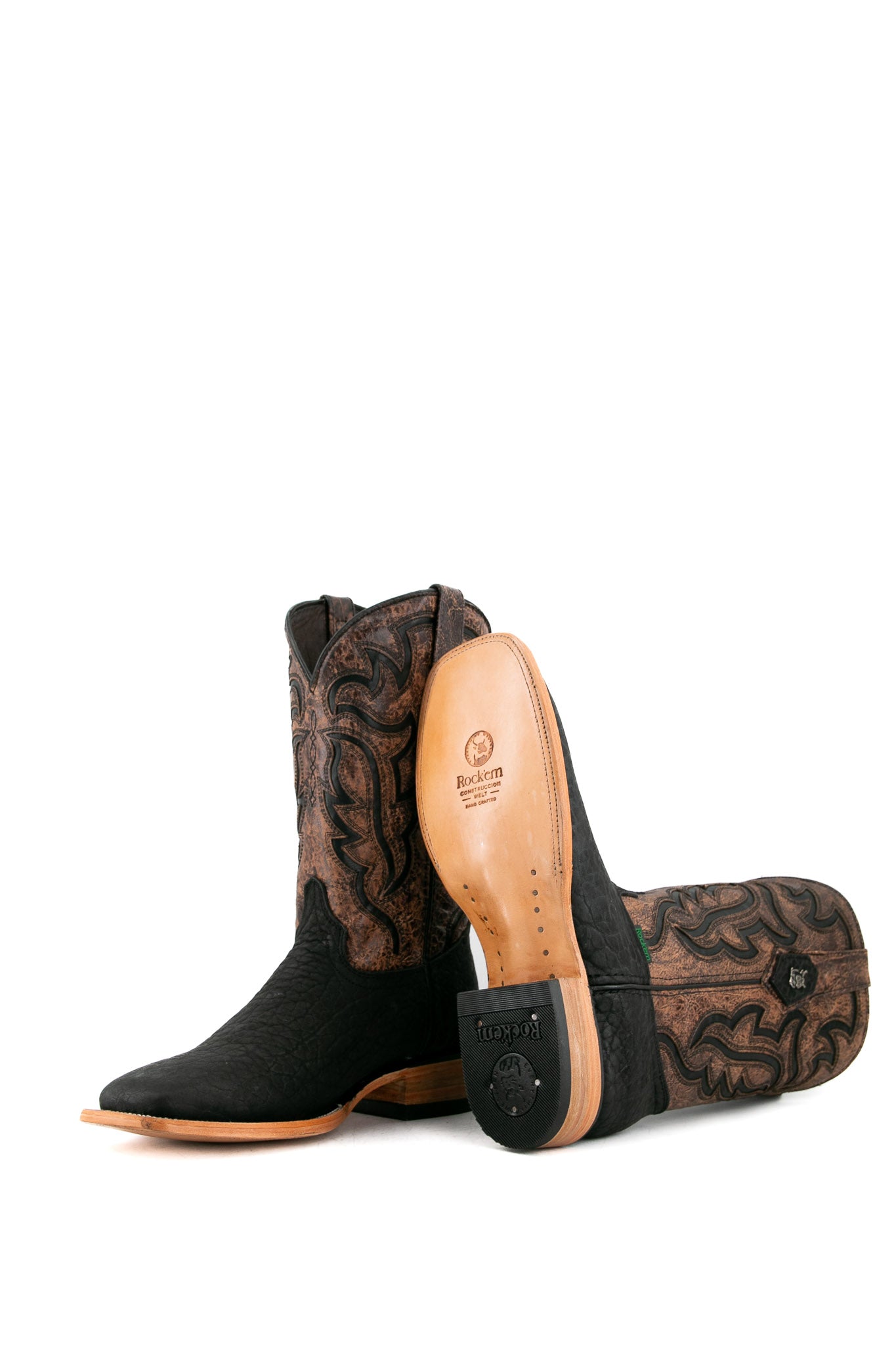 Rock'em Bull Neck cowboy boots, made in Mexico from genuine leather, feature a square toe, black bull neck vamp, brown shaft with Western embroidery, and wooden heel.