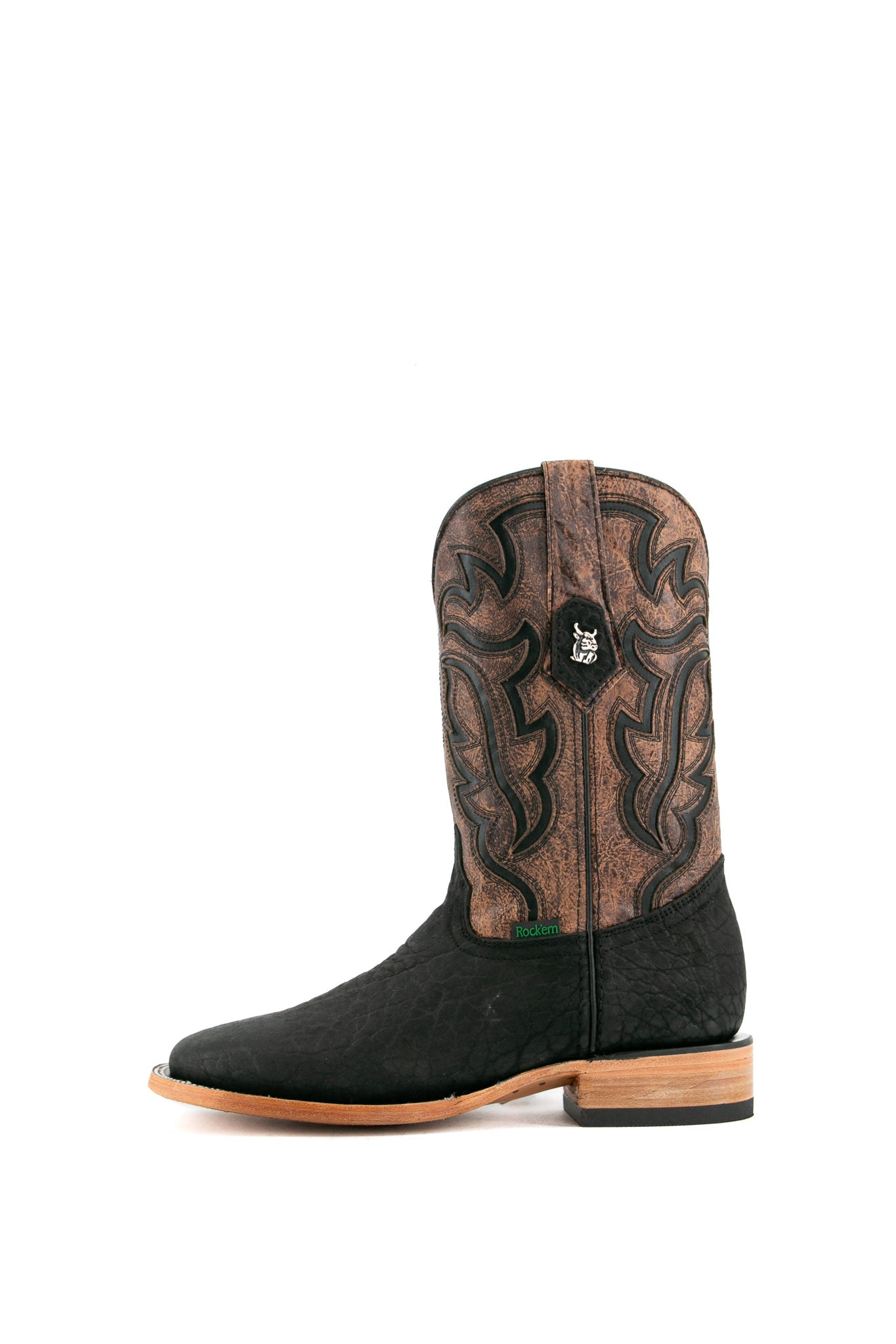 Rock'em Bull Neck cowboy boots, made in Mexico from genuine leather, feature a square toe, black bull neck vamp, brown shaft with black Western embroidery, and wooden heel.