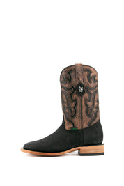 Rock'em Bull Neck cowboy boots, made in Mexico from genuine leather, feature a square toe, black bull neck vamp, brown shaft with black Western embroidery, and wooden heel.