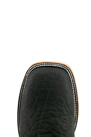 Rock'em Bull Neck cowboy boots, made in Mexico from genuine leather, feature a square toe, black bull neck vamp, brown shaft with Western embroidery, and wooden heel.
