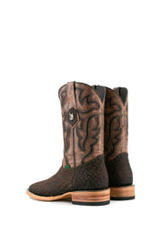 Rock'em Bull Neck cowboy boots, made in Mexico with genuine leather, feature a square toe, brown bull neck vamp, Western-embroidered shaft, and sturdy wooden heel.