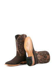 Rock'em Bull Neck cowboy boots, made in Mexico with genuine leather, feature a square toe, brown bull neck vamp, Western-embroidered shaft, and sturdy wooden heel.