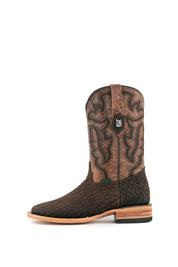 Rock'em Bull Neck cowboy boots, made in Mexico with genuine leather, feature a square toe, brown bull neck vamp, Western-embroidered shaft, and sturdy wooden heel.
