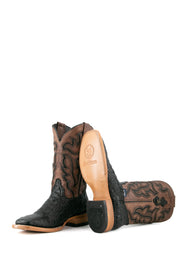 View of black Cody Caiman cowboy boots in genuine leather, featuring a square toe, brown shaft with black embroidery, caiman print vamp, and rubber heel.