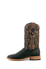 Side view of black Cody Caiman cowboy boots in genuine leather, featuring a square toe, brown shaft with black embroidery, caiman print vamp, and rubber heel.