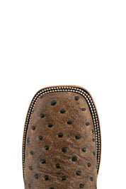 Top-down close-up of the saddle brown Ostrich Matte cowboy boot vamp showing the ostrich print detail and square toe.