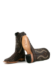 View of rustic brown Giant Caiman Hornback cowboy boots in genuine leather, featuring a square toe, brown caiman print vamp, brown shaft with white embroidery, tan leather sole, and rubber heel.