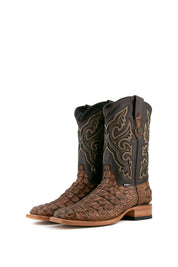 The rustic honey Giant Caiman Hornback cowboy boots are genuine leather, featuring a square toe, brown caiman print vamp, brown shaft with embroidery, rubber heel.