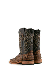 Back view of rustic honey Giant Caiman Hornback cowboy boots in genuine leather, featuring a square toe, brown caiman print vamp, brown embroidered shaft, and rubber heel.