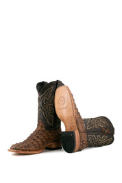 View of rustic honey Giant Caiman Hornback cowboy boots in genuine leather, featuring a square toe, brown caiman print vamp, brown embroidered shaft, tan leather sole and rubber heel.