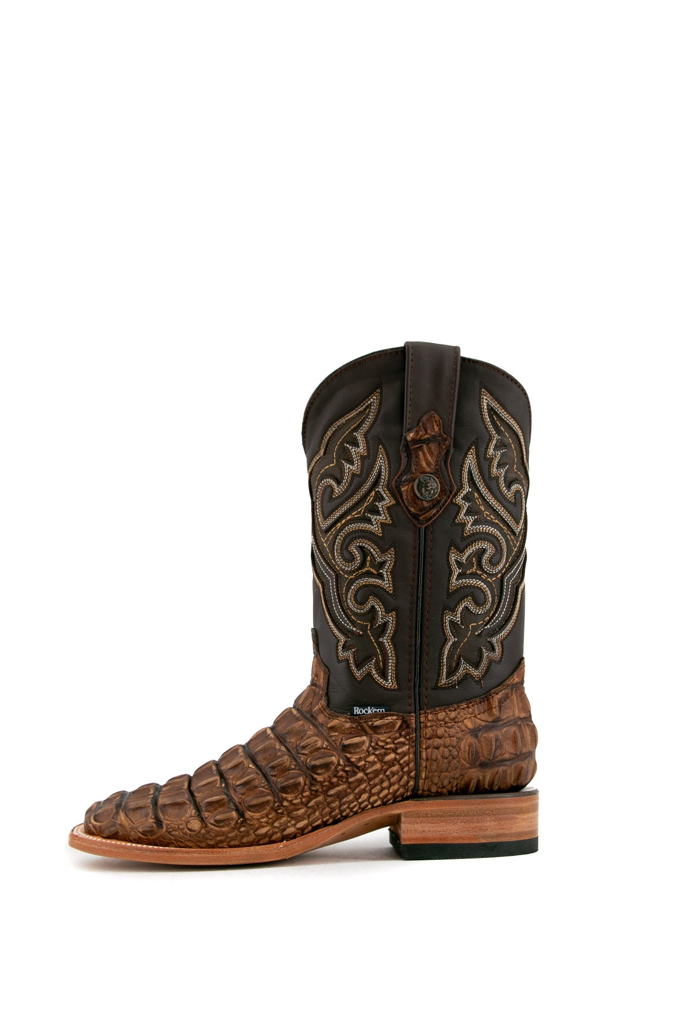 Side view of the rustic honey Giant Caiman Hornback cowboy boots in genuine leather, featuring a square toe, brown caiman print vamp, brown shaft with embroidery, rubber heel.