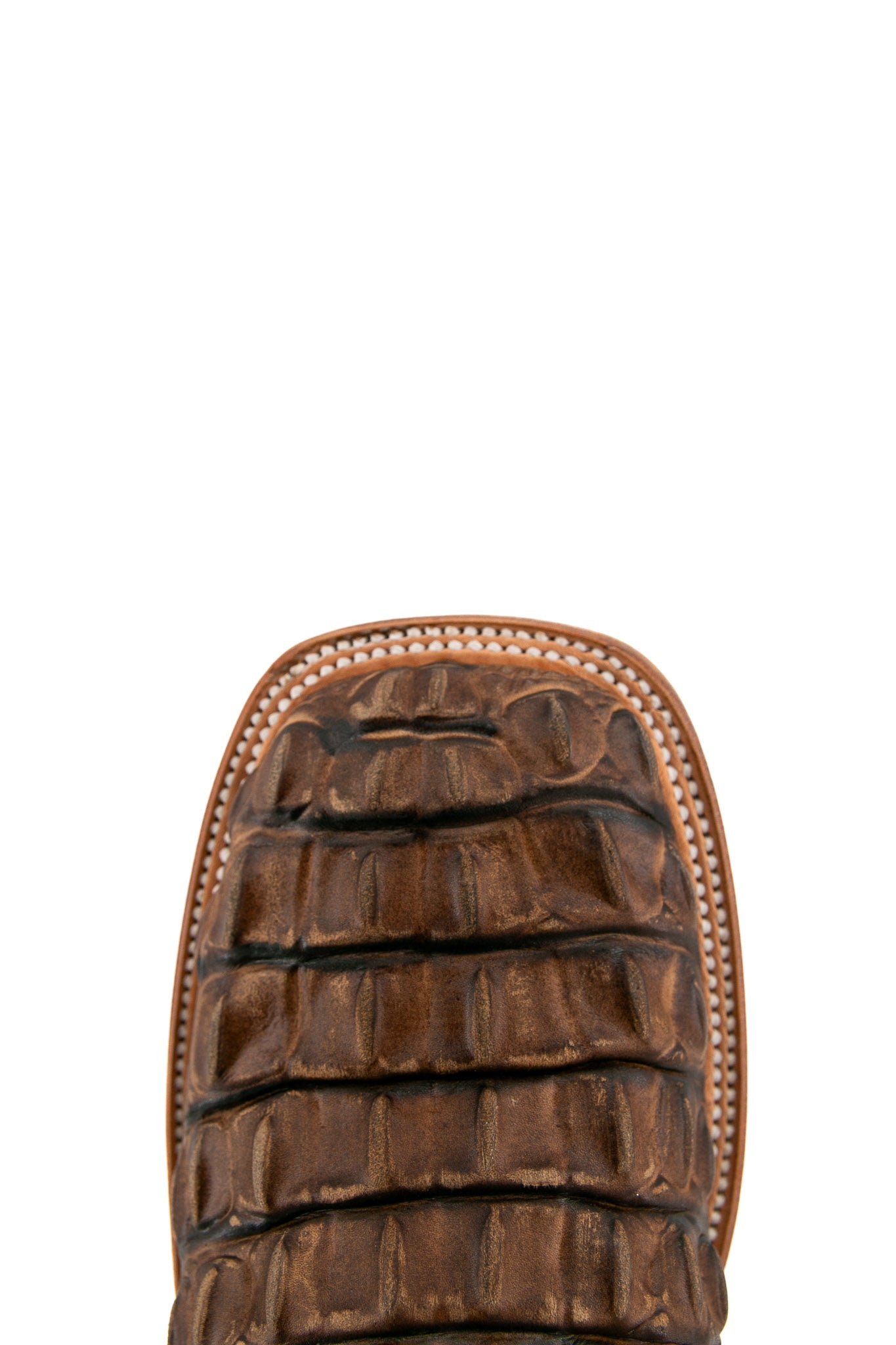 Top-down close-up of rustic honey Giant Caiman Hornback cowboy boot vamp, highlighting the brown caiman print detail and square toe.