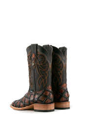 Back view of shedron Big Bass Pirarucu Cowboy Boot features genuine leather, square toe, shedron pirarucu print vamp, brown embroidered shaft, rubber heel, and tan sole.