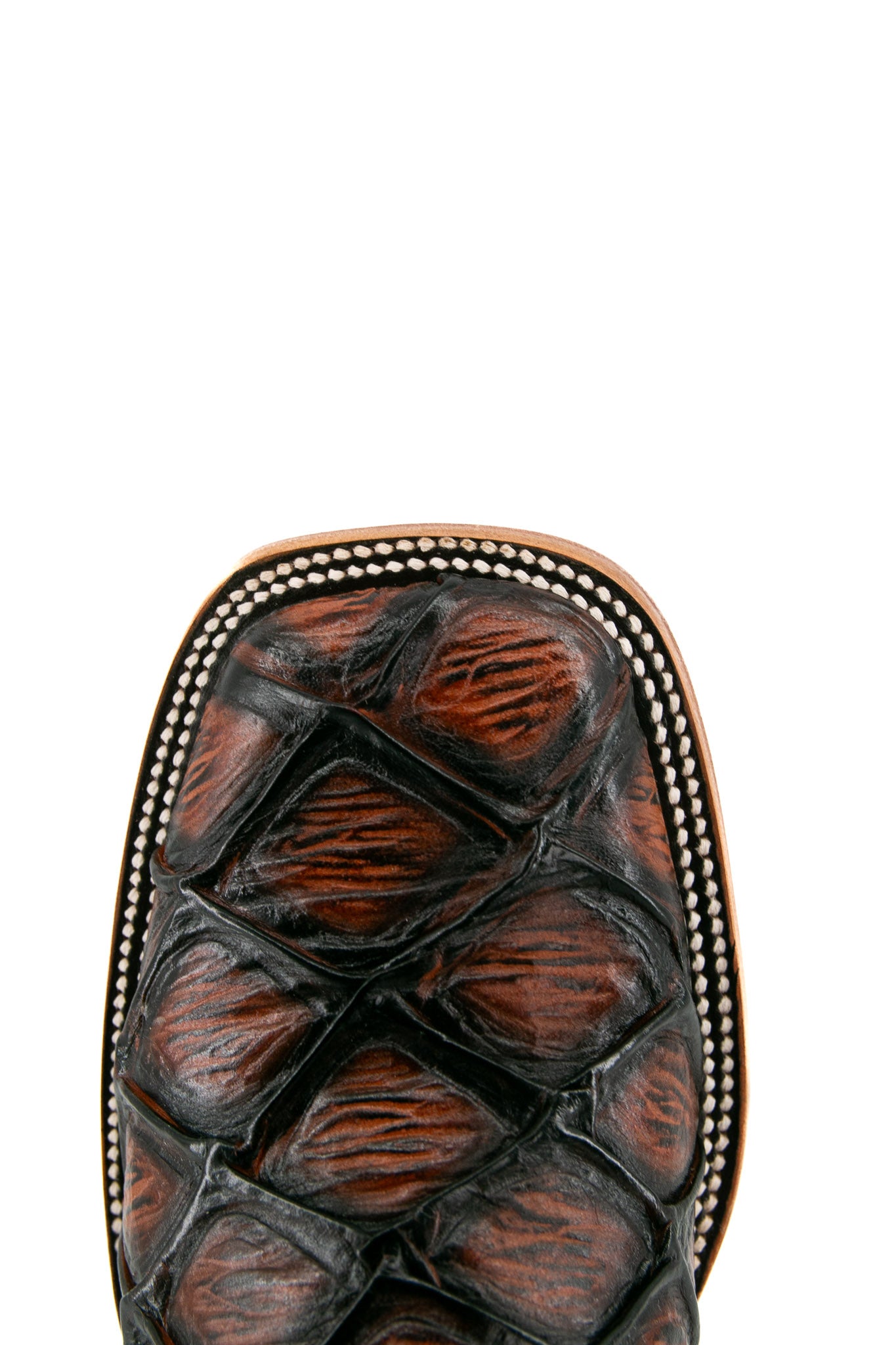 Top-down close-up of Shedron Big Bass Pirarucu cowboy boot vamp, showcasing the shedron pirarucu print detail, double stitching and square toe.