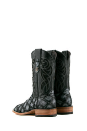 Back view of black safari Big Bass Pirarucu Cowboy Boot features genuine leather, square toe, black and gray pirarucu print vamp, black embroidered shaft, rubber heel, and tan sole.